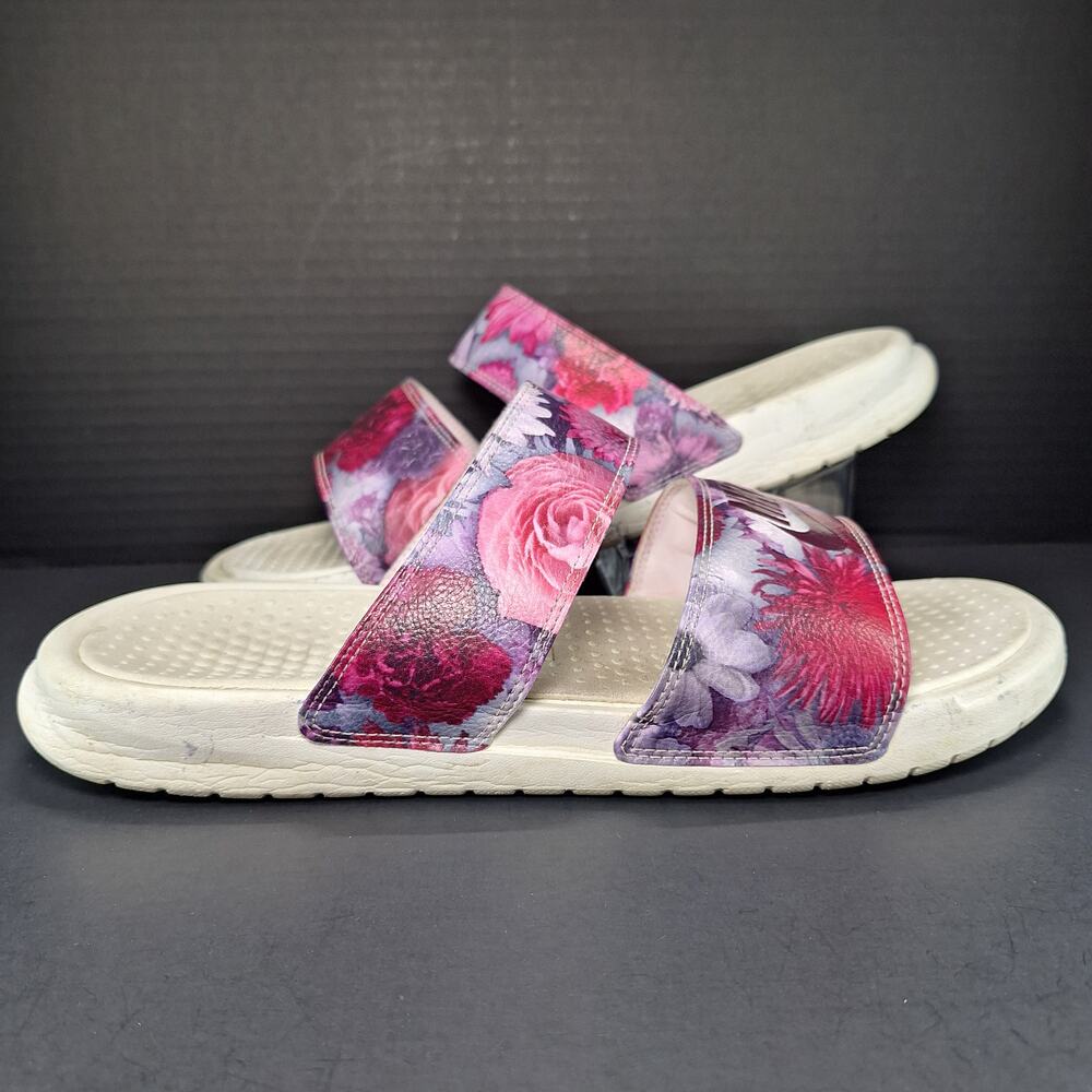Nike Benassi Duo Ultra Slide PRT Womens 12 White Pink Floral 912931-100 Slides